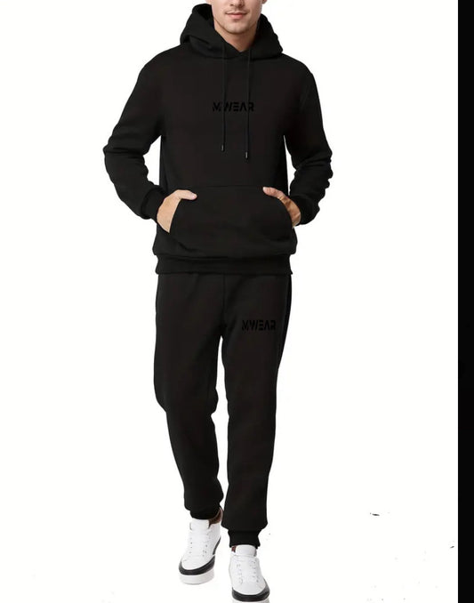 Men's Casual Hooded Tracksuit - Long Sleeve, Solid Color Black